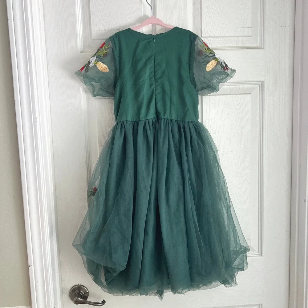 Mini Taylor Reindeer Floral Tulle Dress 7-8Y Girls Forest Green Christmas Party
